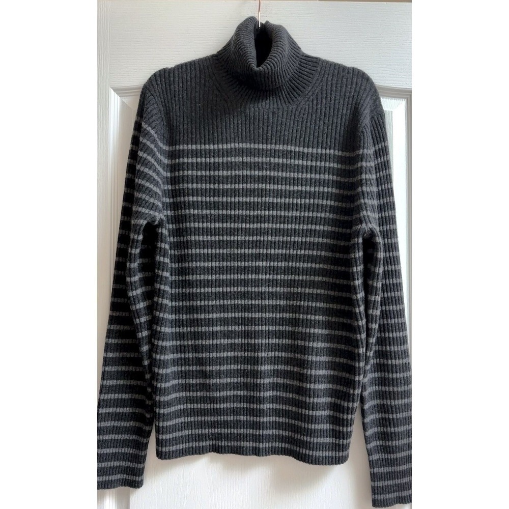 VINCE Men's 100% Cashmere Sweater Gray Turtleneck Pullover Knit Striped